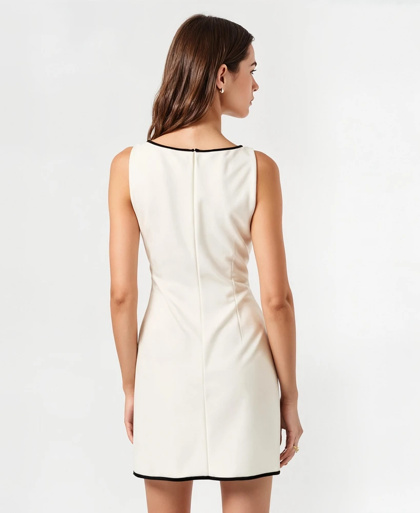 Modenaire Women's Sleeveless A-Line Contrast Trim Faux Pocket Mini Dress