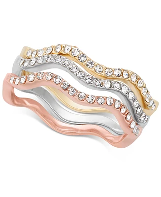 Charter Club Tri-Tone Silver, Gold Plated, 18K Rose Plated 3-Pc. Set Pave Wavy Rings, Created for Macy's