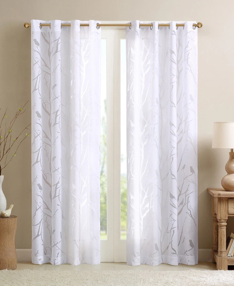 Madison Park Averil Grommet Top sheer Window Curtain, white curtains 63 inches long Single Width 50 Bird on Branches Burnout s