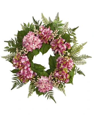 Nearly Natural 24" Pink Hydrangea & Berry Artificial Wreath