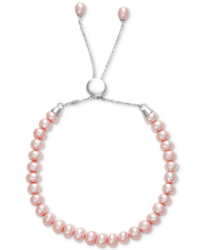 White Cultured Freshwater Pearl (6-1/2mm) Bolo Bracelet Sterling Silver (Also Gray or Pink Pearl)