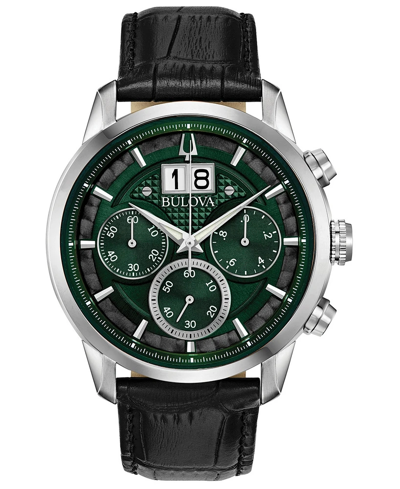 Bulova Men's Chronograph Sutton Black Leather Strap Watch 44mm