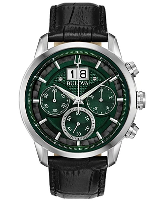 Bulova Men's Chronograph Sutton Black Leather Strap Watch 44mm