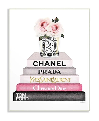 Stupell Industries Book Stack Fashion Candle Pink Rose Wall Plaque Art