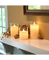 Lumabase Battery Operated Realistic Flame Led Wax Candles in Glass Holders, Set of 3