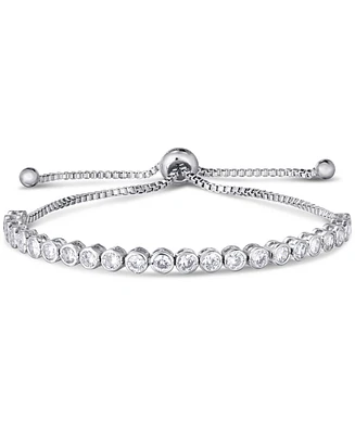 Cubic Zirconia Round Bezel set Adjustable Slider Bolo Bracelet in Silver Plate