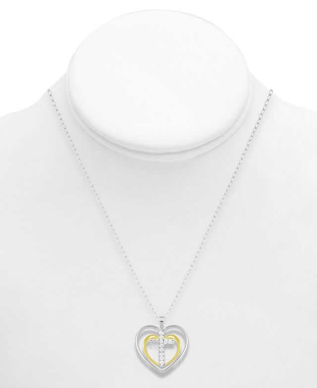 Diamond Double Heart Cross Pendant Necklace (1/10 ct. t.w.) in Sterling Silver & 14k Gold-plated Sterling Silver