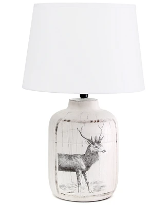 Simple Designs Rustic Deer Buck Nature Printed Ceramic Farmhouse Accent Table Lamp with Fabric Shade
