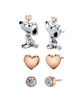 Unwritten Three Pair Silver Plated Snoopy Earring Set with Rose Gold Heart and Cz Bezel Stud