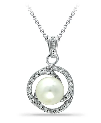 Imitation Pearl with Cubic Zirconia Crystal Swirl Halo Pendant in Silver Plate 18"
