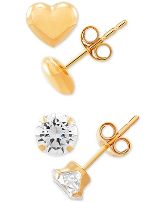 2-Pc. Set Cubic Zirconia & Heart Stud Earrings