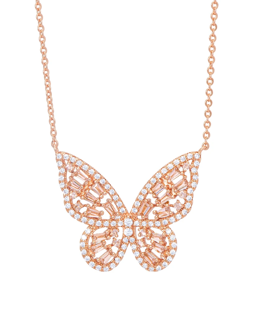 Cubic Zirconia Red Ombre Butterfly Pendant 18" Necklace Silver Plate, Gold or Rose Plate