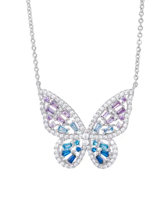 Cubic Zirconia Red Ombre Butterfly Pendant 18" Necklace Silver Plate, Gold or Rose Plate