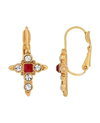 14K Gold-Dipped Crystal Dark Red Cross Earrings