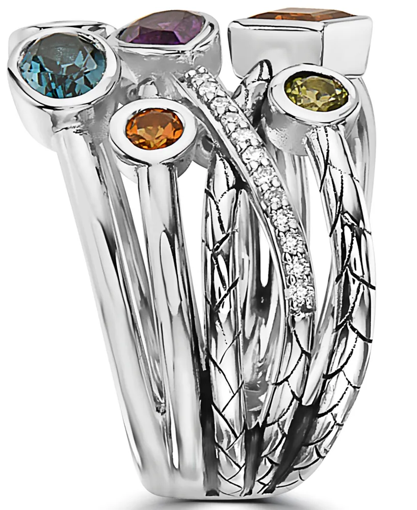 Effy Multi-Gemstone (1-3/4 ct. t.w.) & Diamond (1/10 ct. t.w.) Multirow Ring in Sterling Silver