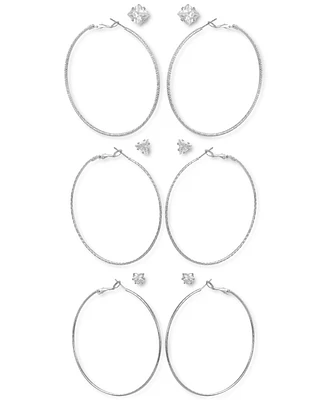 Guess Silver-Tone 6-Pc. Set Mixed Crystal Stud & Textured Hoop Earrings