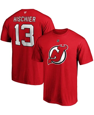 Men's Nico Hischier Red New Jersey Devils Team Authentic Stack Name and Number T-shirt