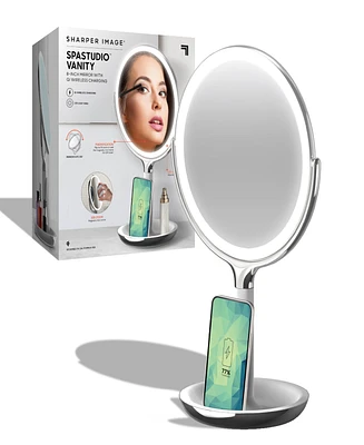 Sharper Image SpaStudio Vanity 8-inch Mirror with Built-In Qi Wireless Phone Charger, 5X and 10X Magnification