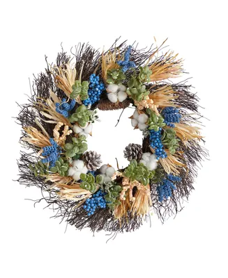 22" Autumn Cotton, Eucalyptus, Berries and Pinecones Artificial Fall Wreath