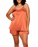 Constance Plus 2-Pieces Stretch Satin Cami and Short Lingerie Set with Lace Trim