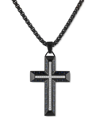 Esquire Men's Jewelry Diamond Cross 22" Pendant Necklace Gold Tone Ion-Plated Stainless Steel & Black Carbon Fiber, Created for Macy's (Also Bla