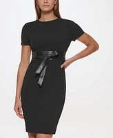 Calvin Klein Solid Faux-Leather Tie-Waist Sheath Dress