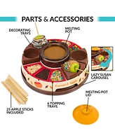 Nostalgia Lazy Susan Chocolate Caramel Apple Party with Heated Fondue Pot, 25 Sticks, Decorating and Toppings Trays