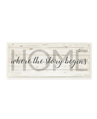 Stupell Industries Story Begins Family Home Inspirational Word Textured Wood Design Wall Plaque Art, 7" x 17"