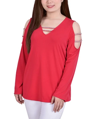 Ny Collection Petite Long Sleeve Knit Crepe Rhinestone Top