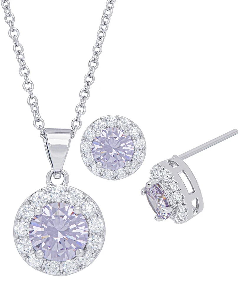 Cubic Zirconia Round Halo Pendant and Earrings Set in Fine Silver Plate, 2 Piece