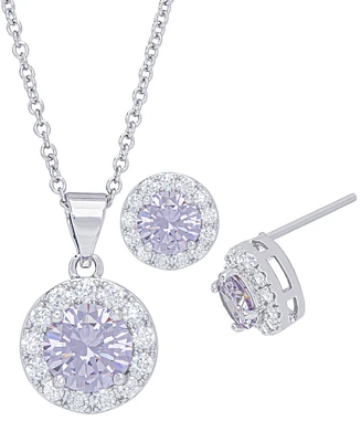 Cubic Zirconia Round Halo Pendant and Earrings Set in Fine Silver Plate, 2 Piece