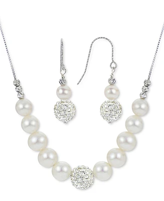 2-Pc. Set Cultured Freshwater Pearl (6-8mm) & Crystal Statement Necklace & Drop Earrings in Sterling Silver