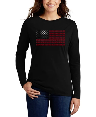 Women's Long Sleeve Word Art Usa Flag T-shirt