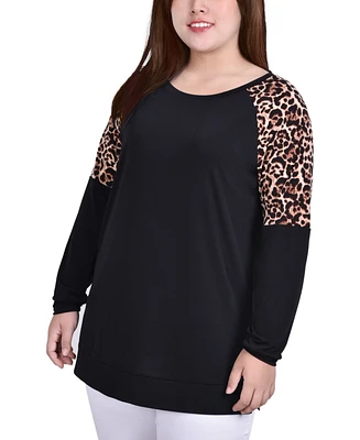 Plus Long Raglan Sleeve Tunic Top with Animal Print Insets
