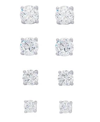 Women's Fine Silver Plated Round Cubic Zirconia Stud Earrings Set, 8 Pieces