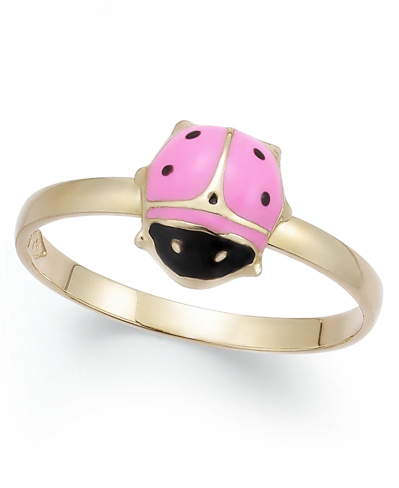 Children's Pink and Black Epoxy Ladybug Ring in 14k Gold