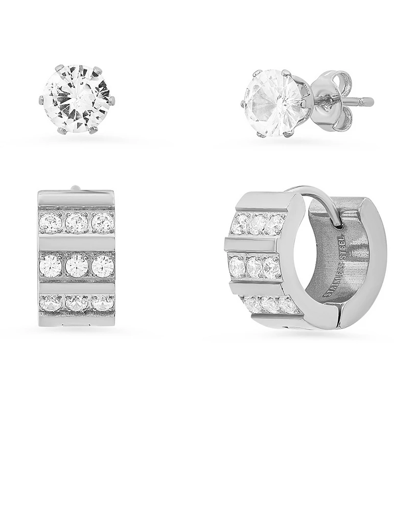Steeltime Women's 2 Pieces Set Stainless Steel and Simulated Diamond Cross Studs or Huggie Earrings Set