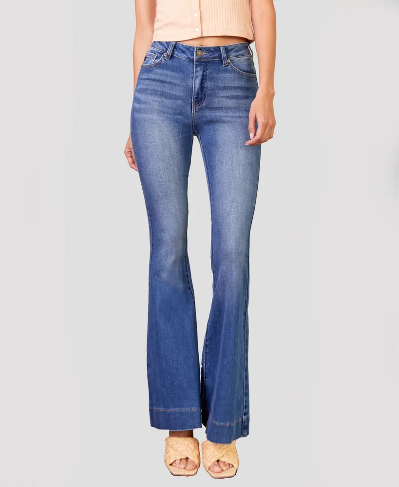 Kancan Women's High Rise Faded Stretch Flare Jeans