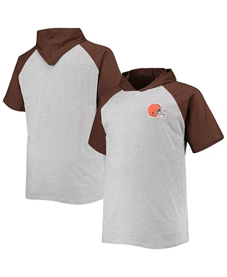 Men's Heathered Gray, Brown Cleveland Browns Big and Tall Raglan Short Sleeve Pullover Hoodie