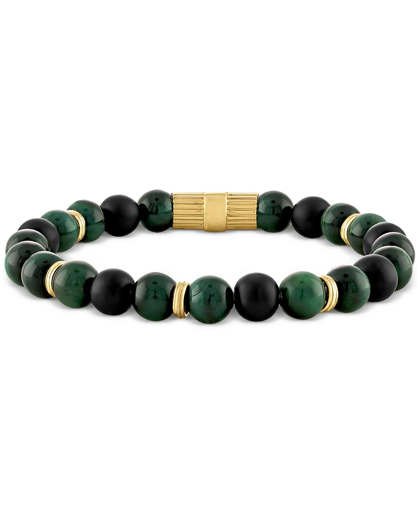 Esquire Men's Jewelry Multicolor Tiger Eye Beaded Stretch Bracelet in 14k Gold-Plated Sterling Silver (Also in Green Tiger Eye), Created for Macy's