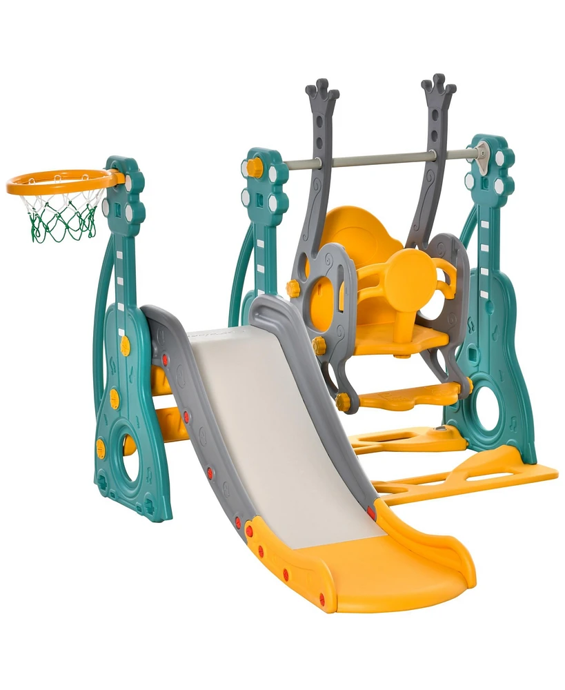 Qaba Toddler Swing and Slide Set with Basketball Hoop, Guitar Theme,