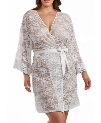 iCollection Jasmine Plus Soft Sheer Lace Robe with Self Tie Satin Sash