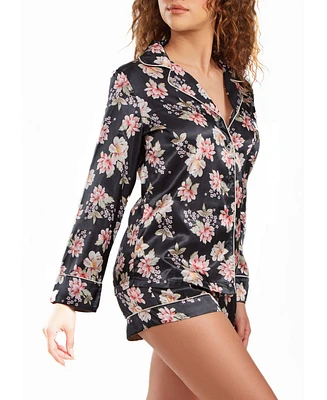 iCollection Women's Cyrus Floral Satin Pajama Short Set with Cuff Detail