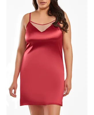 iCollection Jenna Plus Size Contrast Nude and Burgundy Satin Chemise