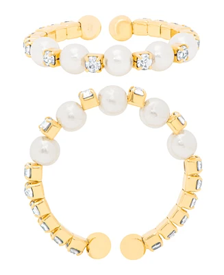 Macy's Gold Plated Simulated Imitation Pearl and Cubic Zirconia Stretch Ring