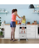 Qaba Kids Kitchen Foldable Step Stool w/ Chalkboard & Handrail 3-6 Yrs Old