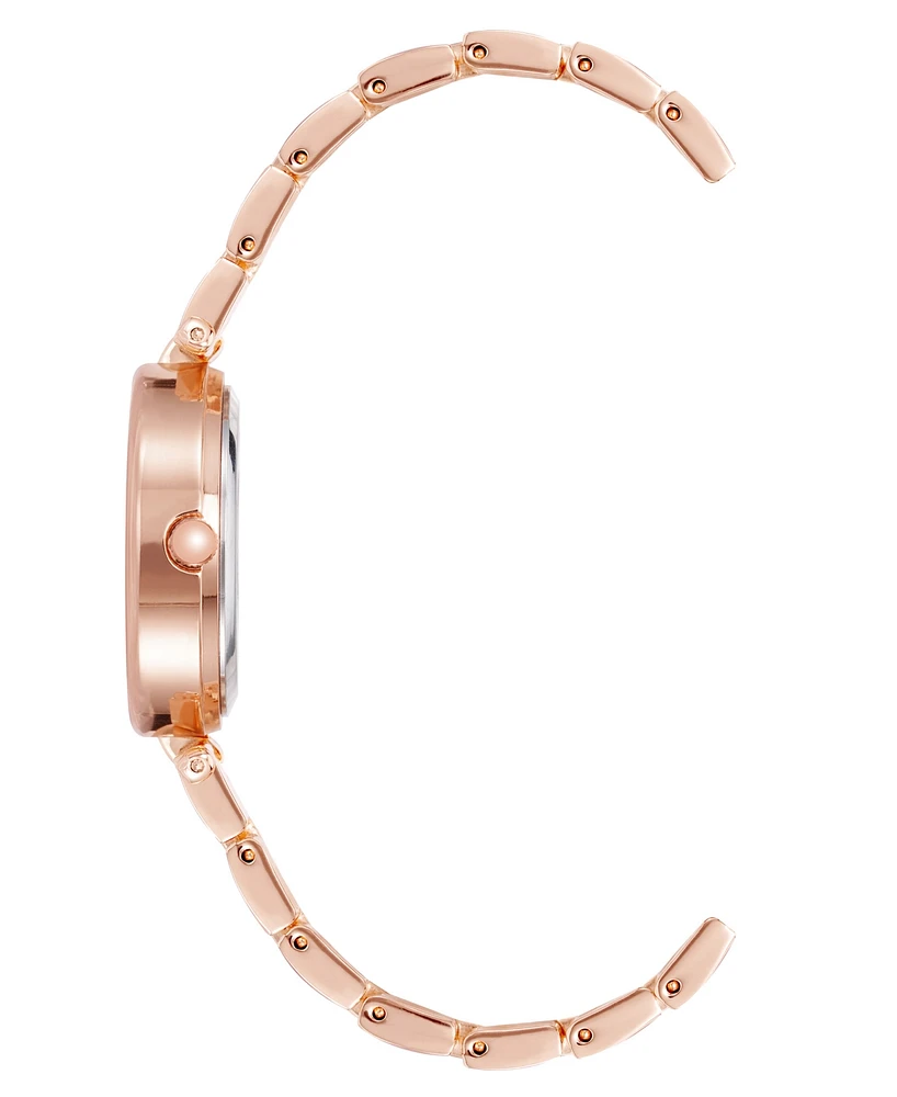 Anne Klein Women's Rose Gold-Tone Alloy Bracelet with Burgundy Enamel and Crystal Accents Fashion Watch 34mm Set 4 Pieces