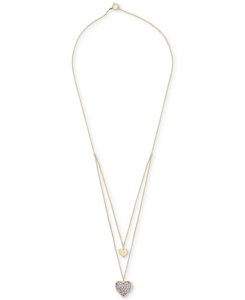 Lab-grown Pink Sapphire Two Heart 17" Layered Pendant Necklace (7/8 ct. t.w.) in 14k Gold-Plated Sterling Silver