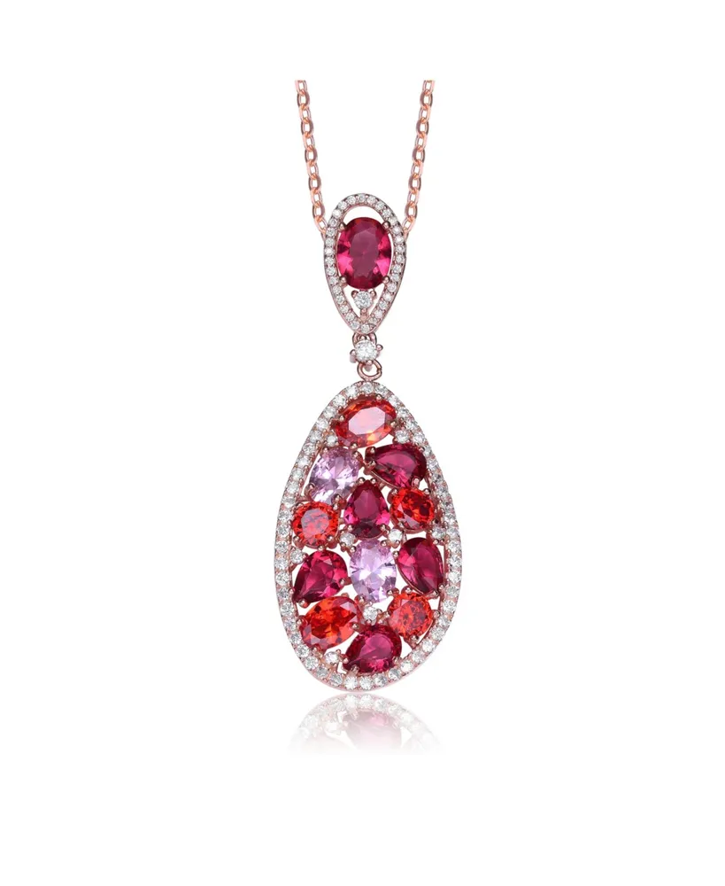 Sterling Silver Red, Purple and Pink Cubic Zirconia Oval Shaped Pendant