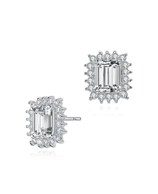 Sterling Silver with Rhodium Plated Clear Green and Round Cubic Zirconia Halo Stud Earrings